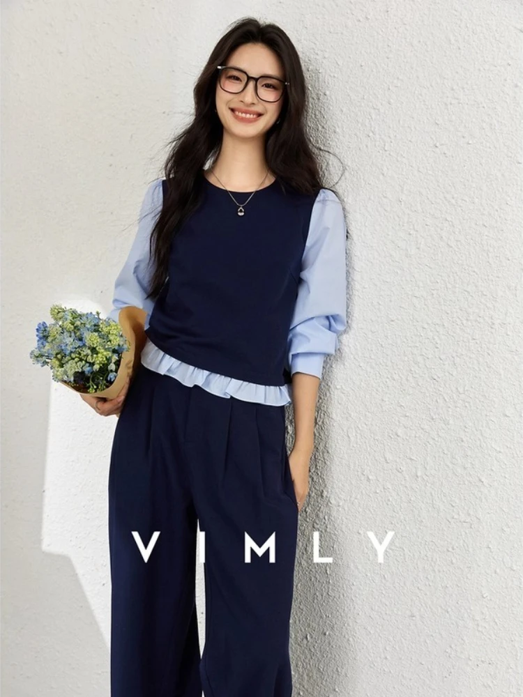 

VIMLY Women's Navy Blue Pants Set 2025 Autumn Patchwork 2 in 1 Ruched Round Neck Tops Wide Legs Trousers New Two Piece Set A1989