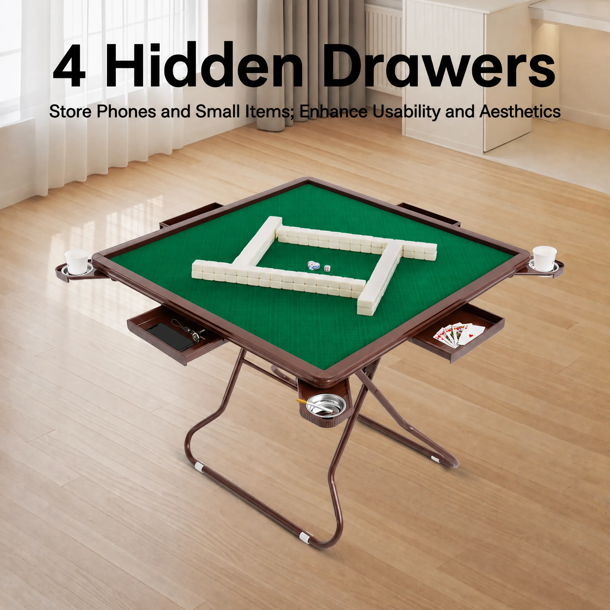 Foldable Mahjong Table for 4 Players, Portable Square Card Game Table with 4 Cup Holders & Hidden Drawers, Noise-Reducing Velvet Surface, Non-Slip Legs, for Mahjong Poker Texas Hold'em Family Gathering Camping Picnic