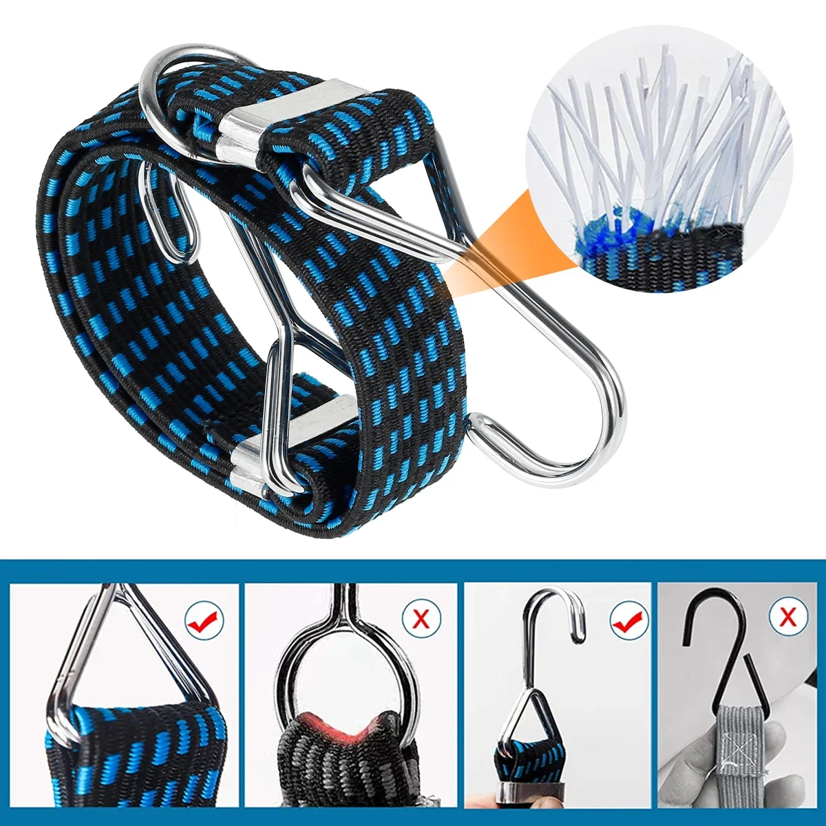 1/2 Elastic Bungees Cords with Hooks Wide Flat Bungee Cords Heavy Duty Elastic Rope Luggage Bungee Straps for Bike Motorcycle