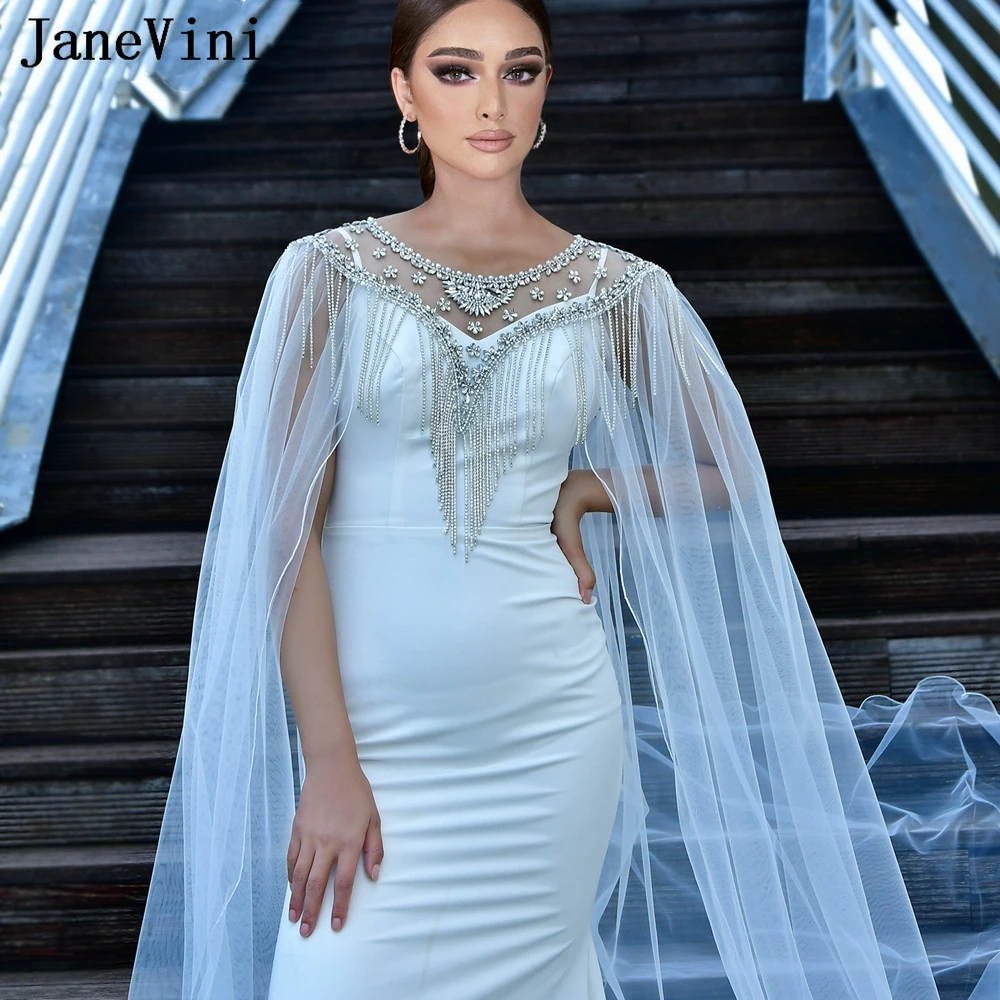 

JaneVini Luxury Long Crystal Beaded Bridal Bolero Braut Cape Mariage Femme Wedding Cloak Tulle Women Party Pearl Shawl Wrap 2024
