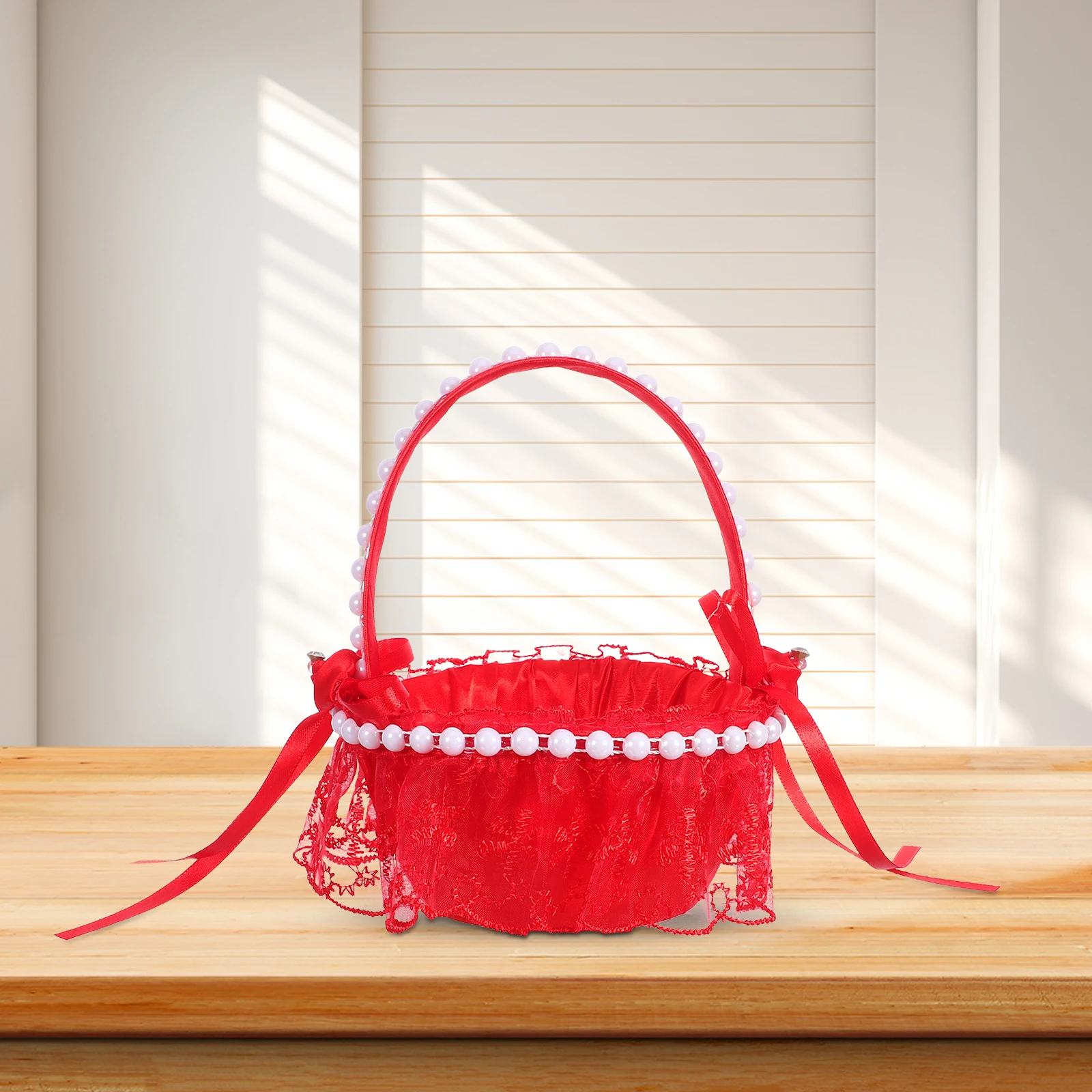 

Elegant Red Wedding Flower Baskets With Artificial Pearls Lace Bridal Ceremony Handle Storage Basket For Flower Garden