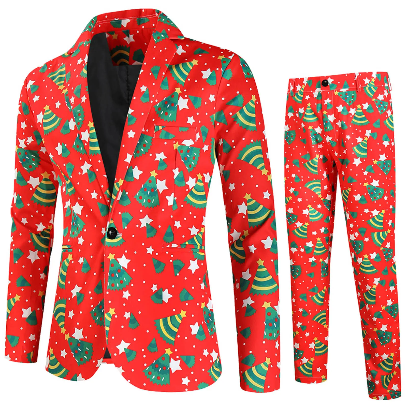 

Fashion Christmas Tree Printed Lapel Single Button Jacket Trousers Two Piece Suit Men Slim Fit Party Formal Elegant Blazer Sets