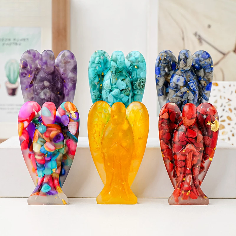 Natural Crystal Chip Carving Epoxy Resin Angel Figurine - Spiritual Energy Meditation Resin Handicraft Home Decoration Gemstone