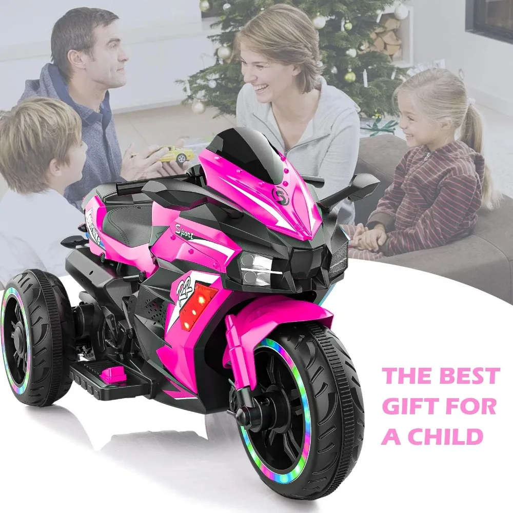 Motocicleta rosa para niñas, motocicleta de 12 V para niños de 2 a 6 años, bicicleta eléctrica de cross para niños con 3 ruedas, música Bluetooth