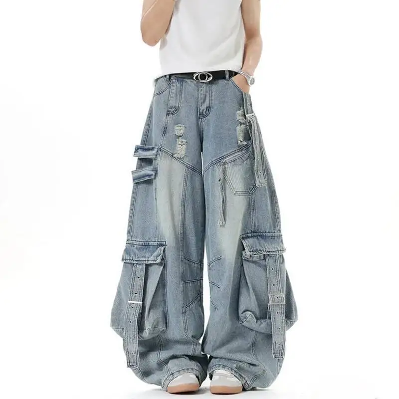 Calças Jeans Masculinas Estilo Y2K Americano, Corte Largo, Cor Sólida, Múltiplos Bolsos, Casual, Desgastadas, Calças de Denim Desconstruídas