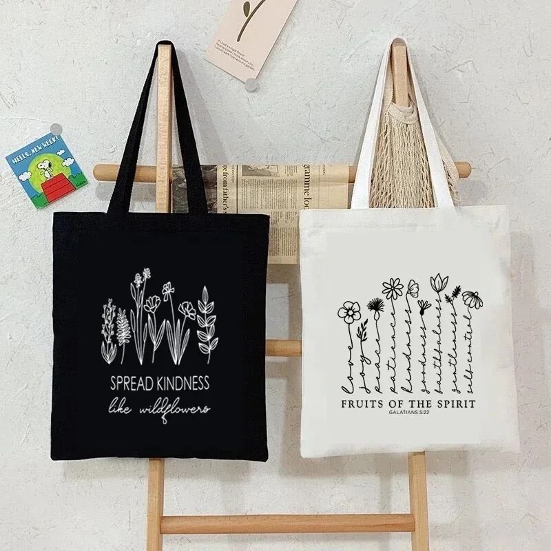 

Spread Kindness Like Wildflower Print Women Canvas Tote Bag Vintage Floral Shoulder Bag Fruits of The Spirit Shopping Handbag