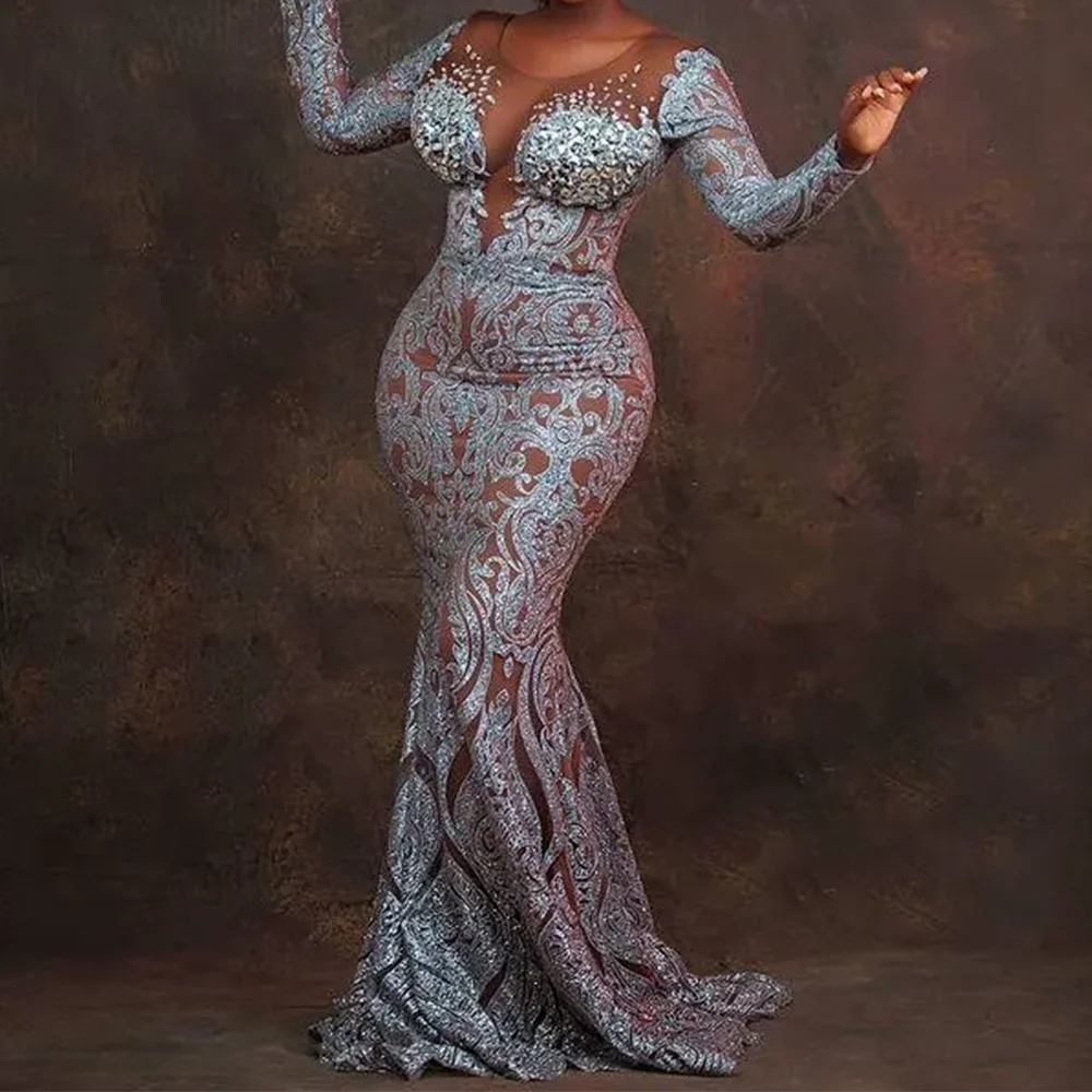 س الرقبة حورية البحر كم طويل فساتين لحضور الحفلات الموسيقية الدانتيل مطرزة كريستال فساتين حفلات الديكور يزين فساتين حفلات مخصصة