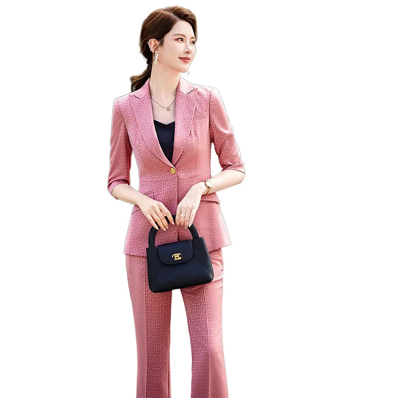 

Spring Pants Sets For Women 2 Piece Set Half Sleeve Blazer &Trousers Suit Pink Yellow Hight Quality Chic Elegant Business Outfit