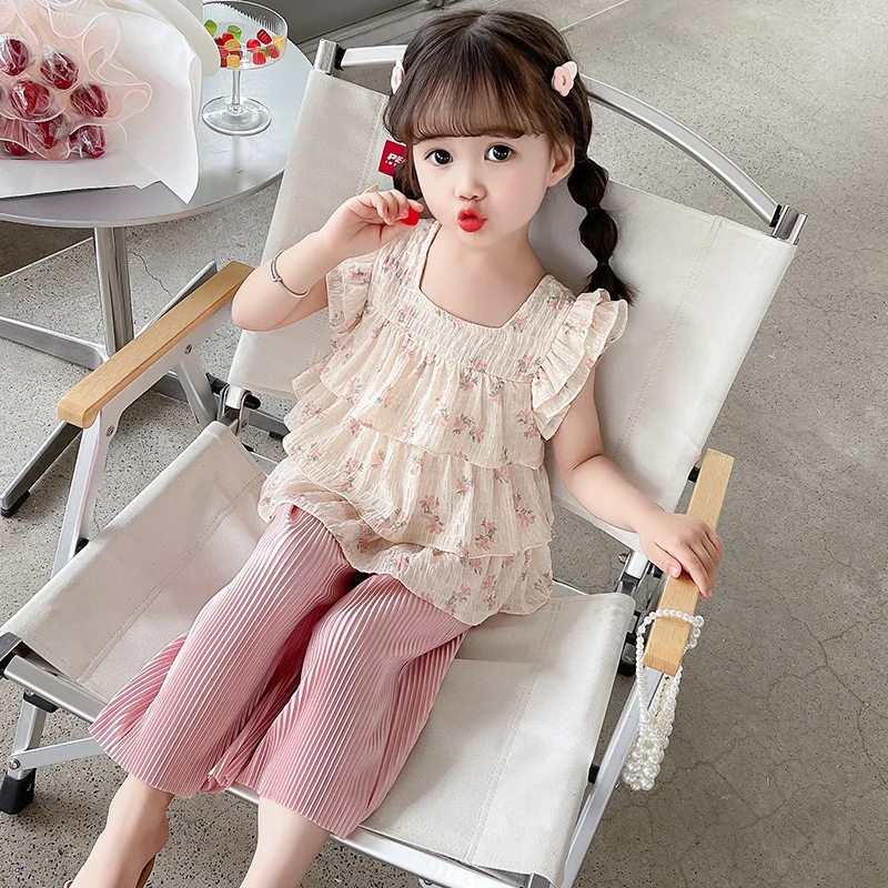 

Girls Summer ort Sve Floral Print Two-Piece Set Faionable And Sli Korean Version Child's Clothing Ensemble