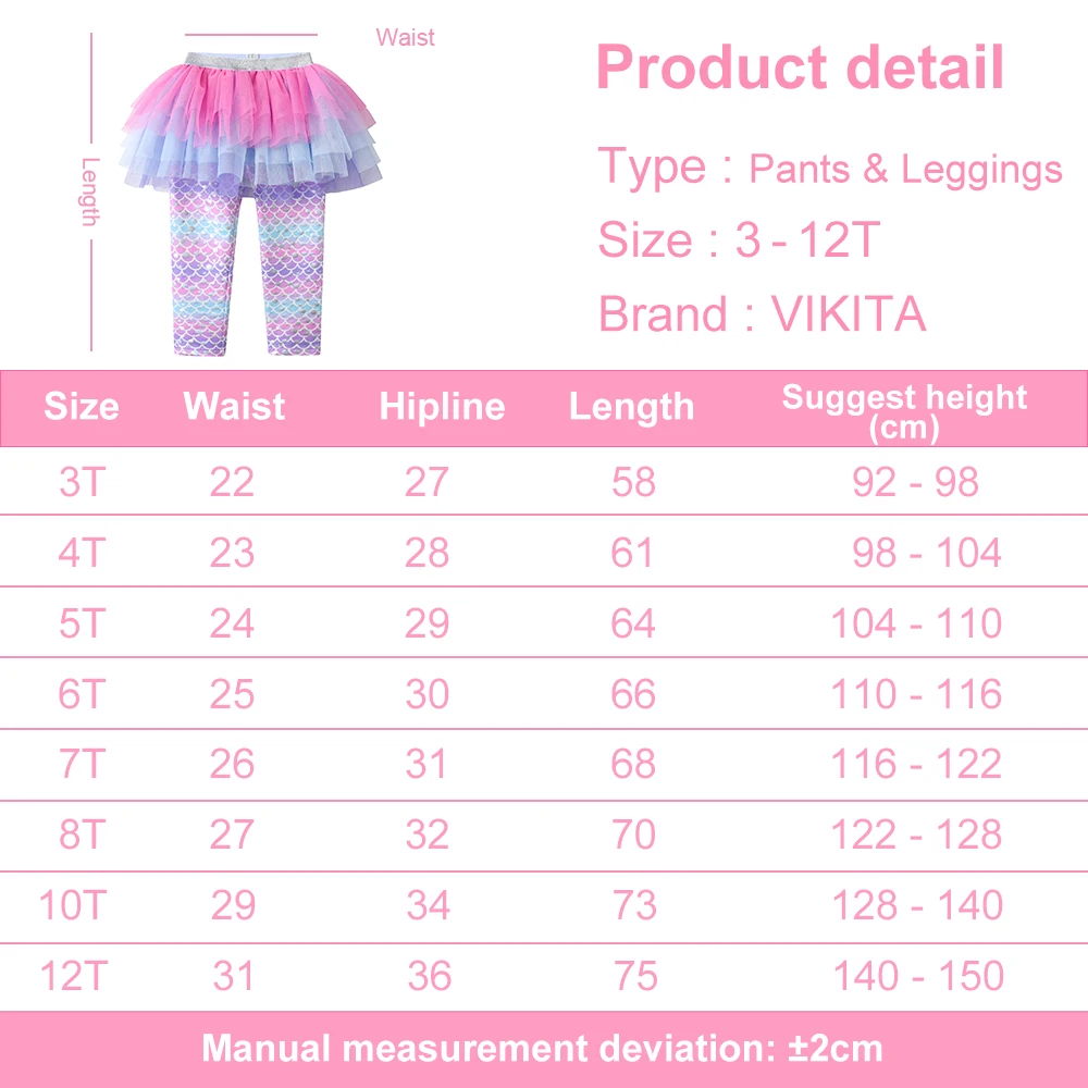 VIKITA Children Trousers Girls Mermaid Print Leggings with Skirts Fake 2 Pcs Pants Casual Cute Trousers Mesh Tutu Pants Skirts