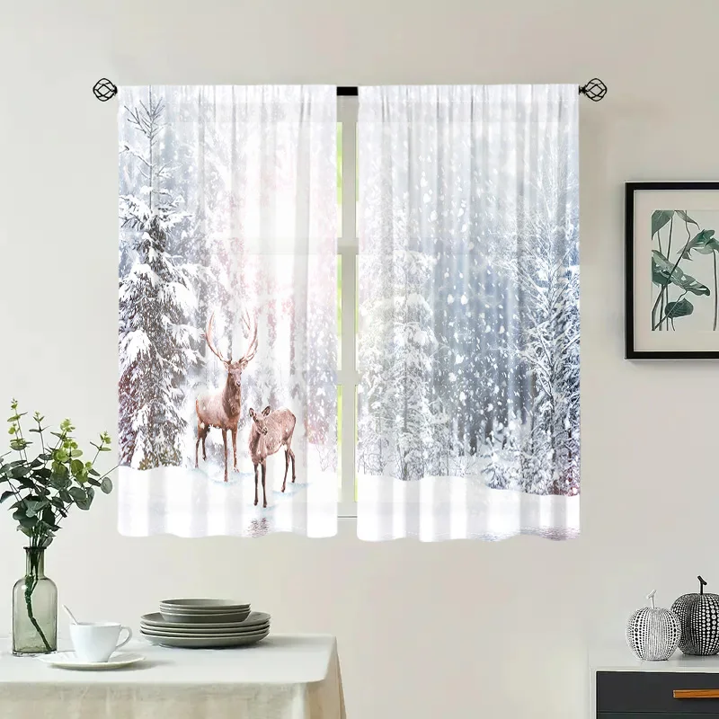 2 pieces, reindeer curtains in winter forest snow -30% blackout - suitable for living room, bedroom, kitchen, home decoration