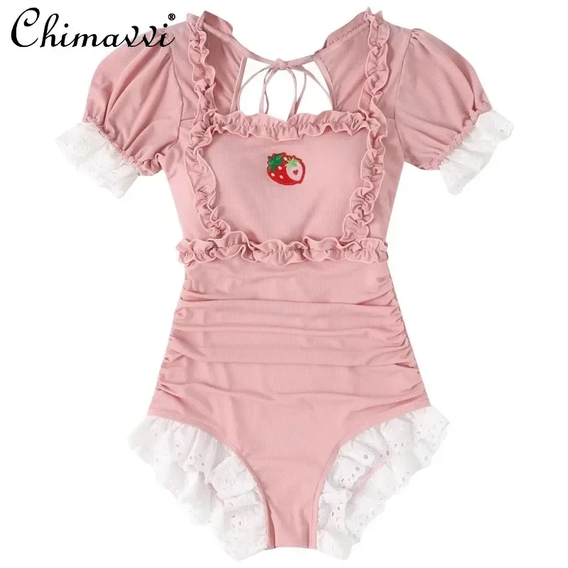Japanese Cute Girl Sweet One-piece Triangular Swimsuit Women's 2025 Summer New Retro Bubble Sleeve Soft Girl Loli Swimwear