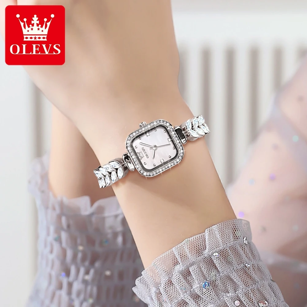 OLEVS 9987 Original Quartz Watch for Women Diamond Mermaid Stainless steel Wristwatch Luxury Square Diamond Dial Ladies\' Watches