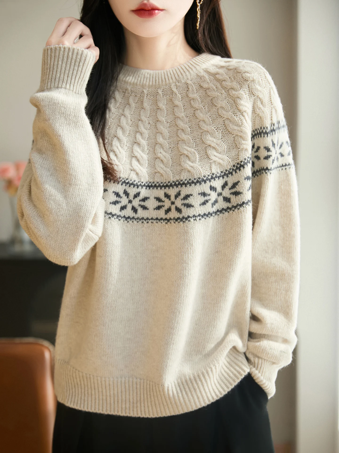 

Retro Women 30% Merino Wool Sweater Mock Neck Autumn Winter Female Knitted Pullover Loose Blouse Lady Long Sleeve Clothing Tops