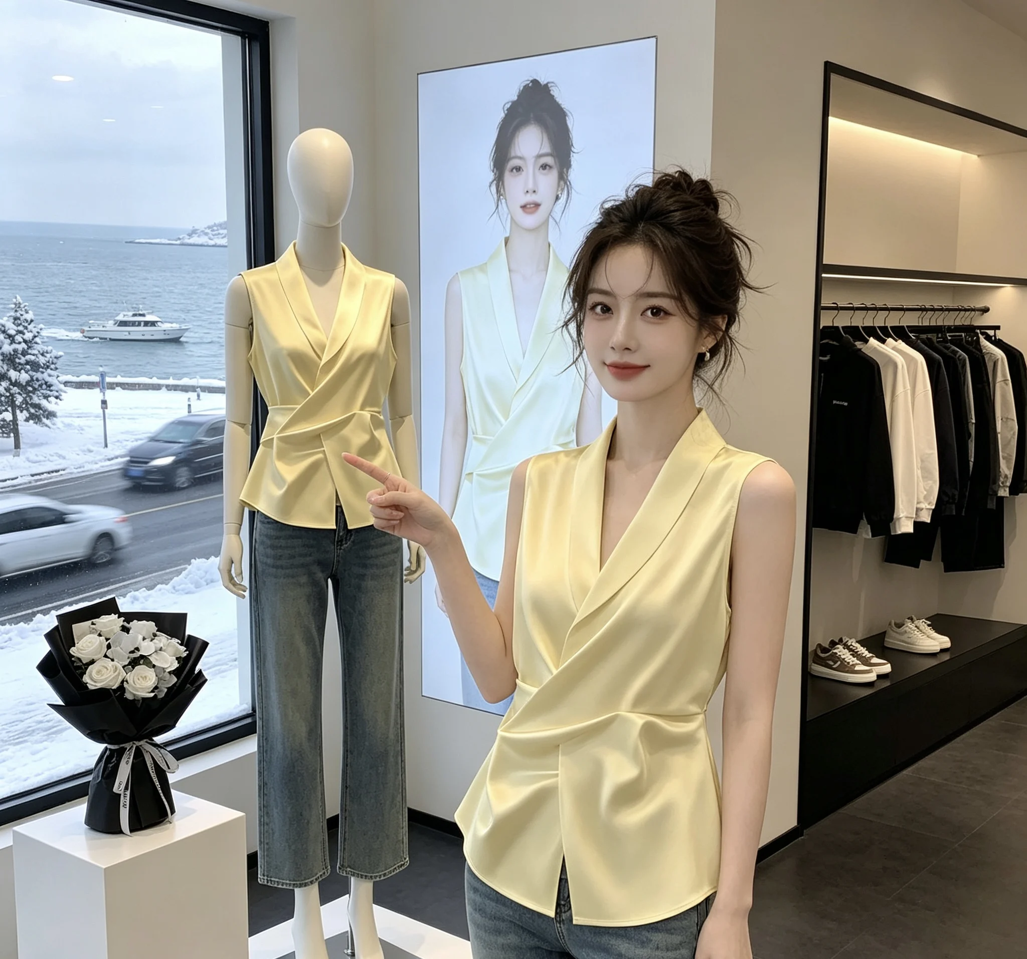 

Elegant Silk No-Sleeve Shirt Women's Cross-Band Waist-Cinching Top Fashionable Vest Summer 2026 Design Sensation Commute Style