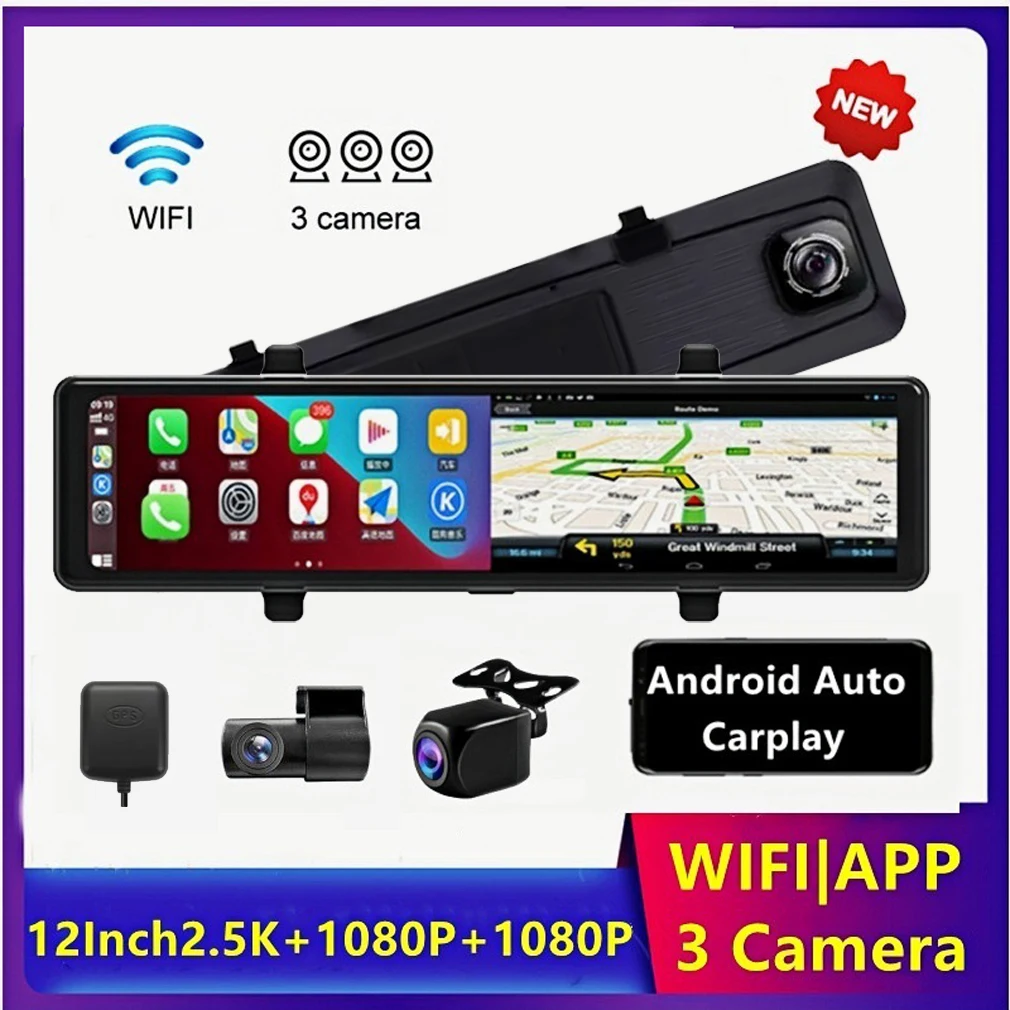 3 Channels 2.5K Dash Cam For Cars, Carplay And Android Auto, Wifi Bluetooth GPS Navi With 12 inch Full Screen Rearview Mirror