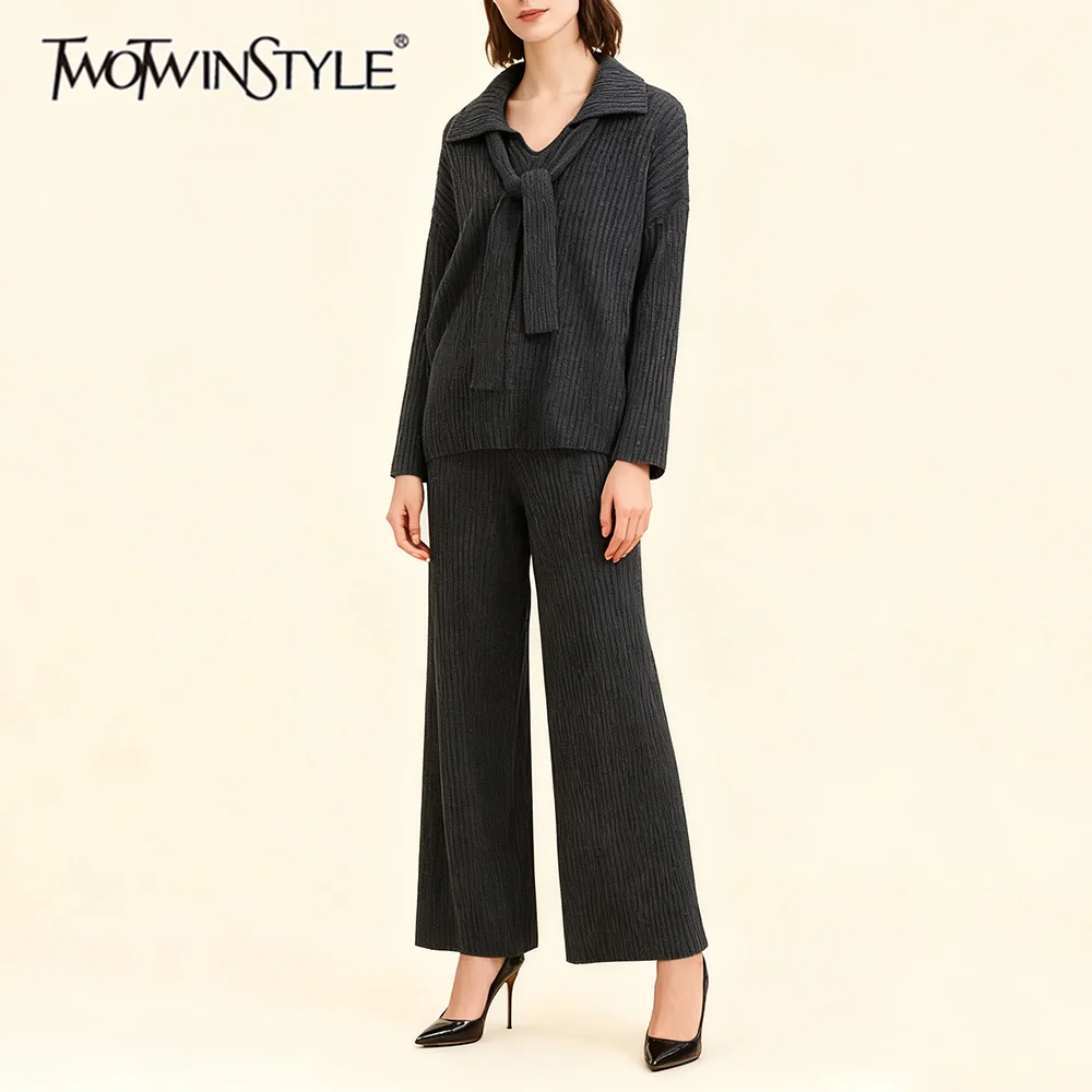 

TWOTWINSTYLE Повседневный комплект из двух предметов для женщин с лацканами и длинными рукавами, шаль, топ, широкие брюки, удобный вязаный костюм, женский новый