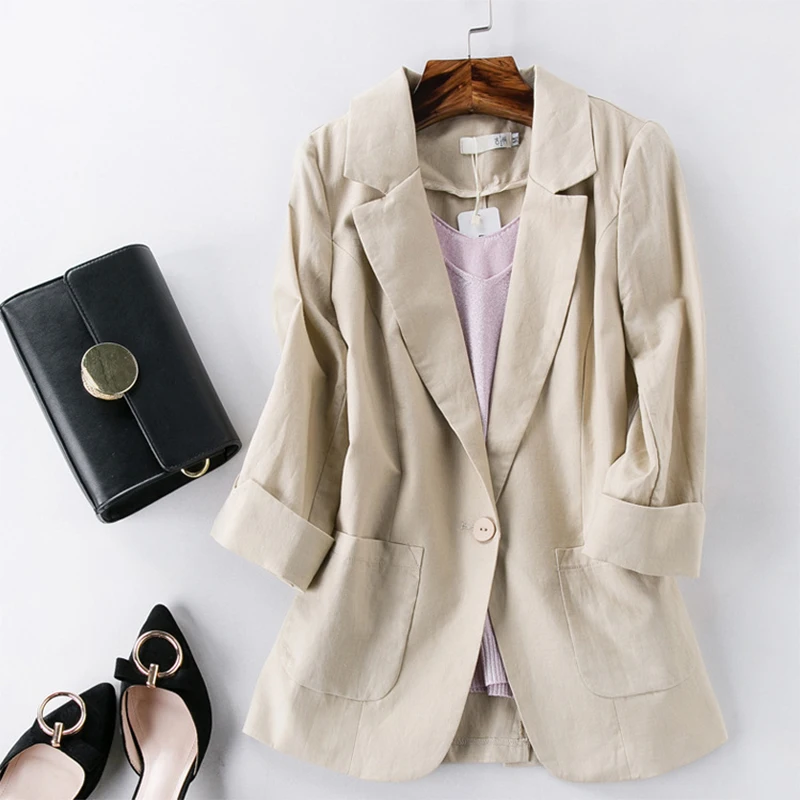 Cotton Linen Blazer Jacket Women Button Notched Blazer Suits Three Quarter Sleeve Top Summer Outwear High Quality Solid Single