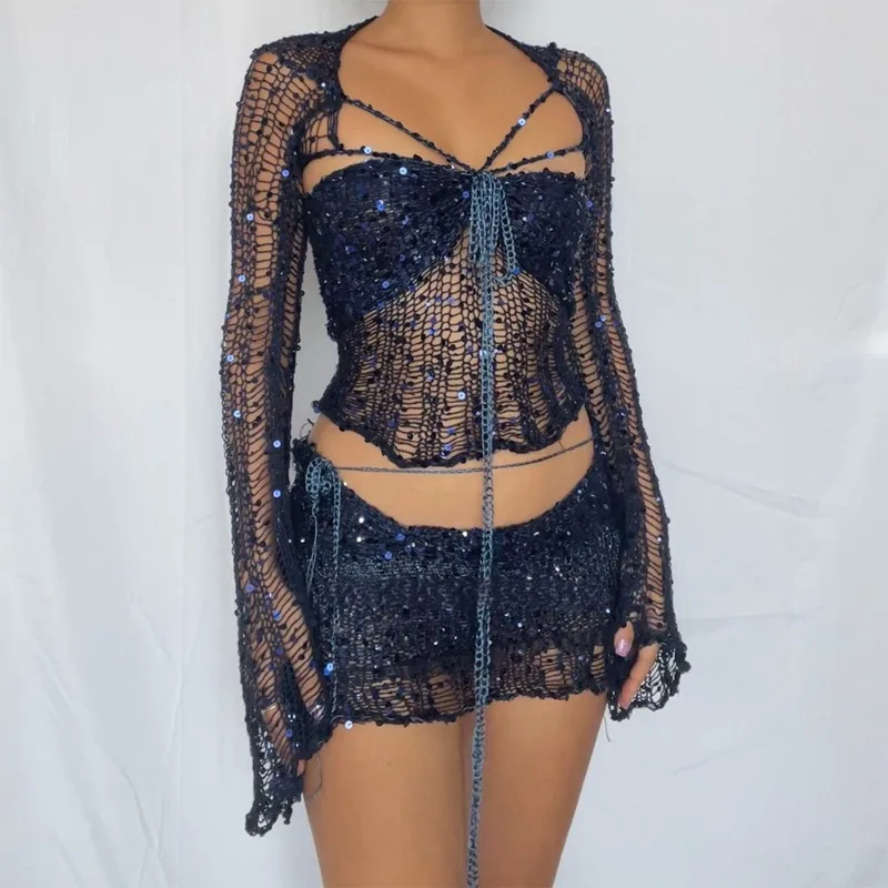 Sequin Knitted Hollow Out See Through Three Piece Set Y2k 2023 Autumn New Long Sleeve Lace Up Crop Top Mini Skirt Party Clubwear