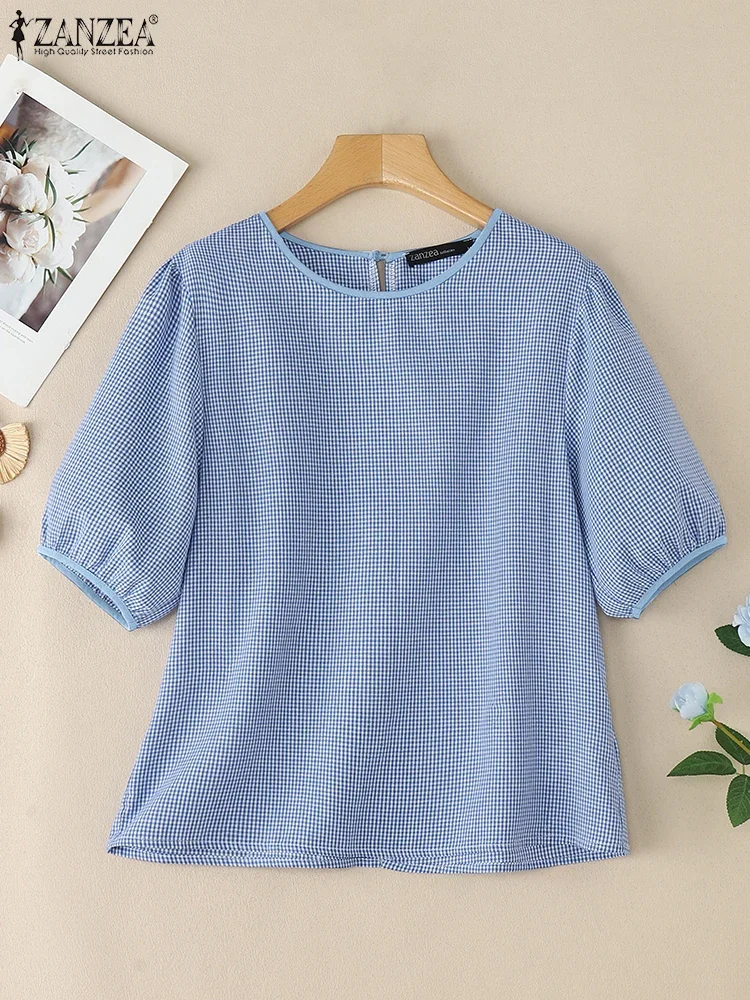 

2025 ZANZEA Summer O Neck Short Sleeve Blouse Women Plaid Checked Tops Casual Loose Holiday Shirt Female Work Blusas Oversize