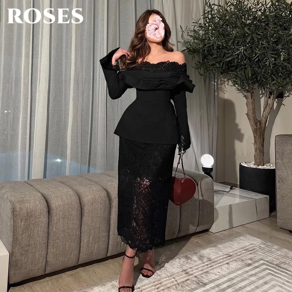 

ROSES Black Modern Style Prom Elegant Off-Shoulder Prom Gown Sexy Lace Flowers Ball Gown for Woman abiti da cerimonia Customized