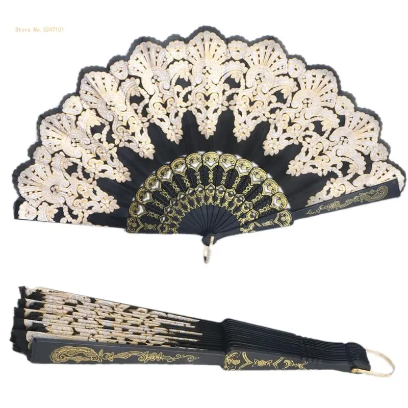 Black Spanish Wedding Lace Silk Folding Hand Held Flower Fan Dropship