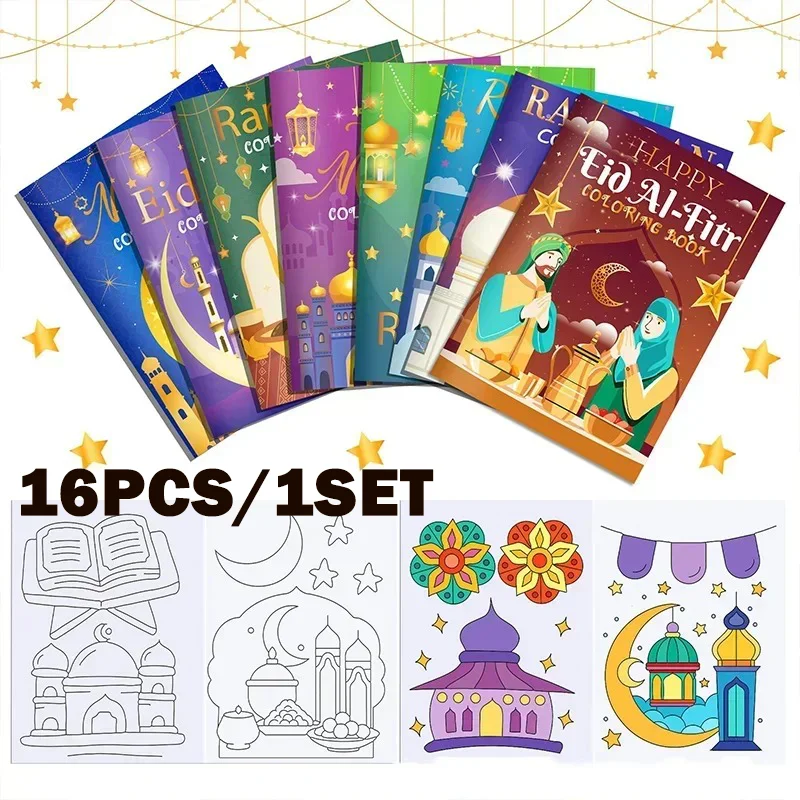 16PCS/1SET Ramadan Eid Mubarak Party Mini Malbuch für Kinder Muslimischen Festival Graffiti Malerei Aktivität Party liefert Geschenk