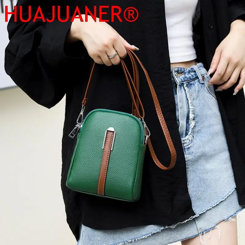 

100% cowhide Double layer phone bag Small Classic Female Shoulder Bag Wide Straps Crossbody Bags for Women Trend Simple Handbag