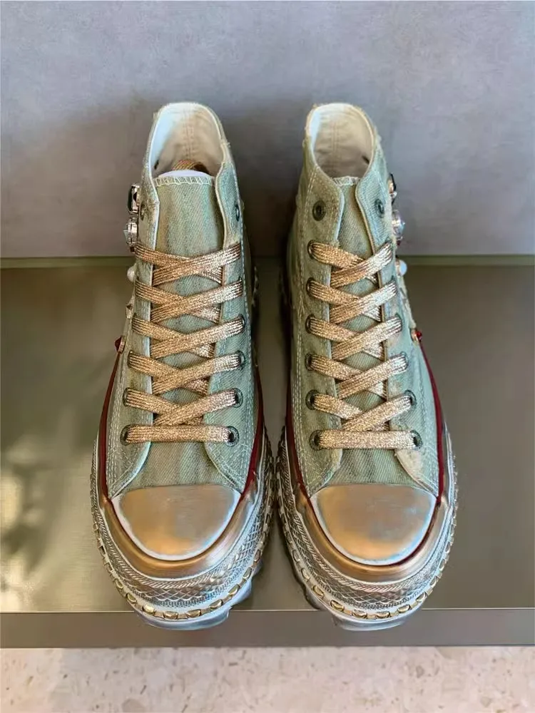 Vintage Women Shiny Diamonds Hole Ripped High Top Canvas Shoes Thick Platform Rivets Casual Shoes Fashion Distressed Sneakers