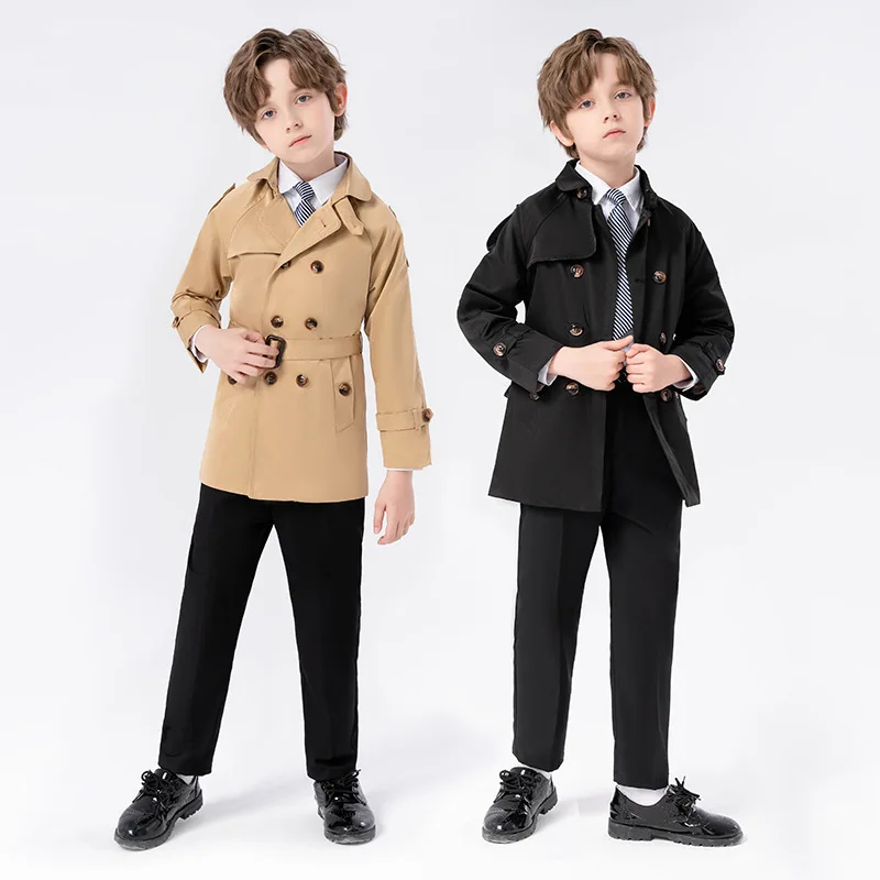 Boys British Style Belted Trench Coat Double Breasted Long Windbreaker with Pockets Teen Kids School Uniform Outerwear 4-12Years