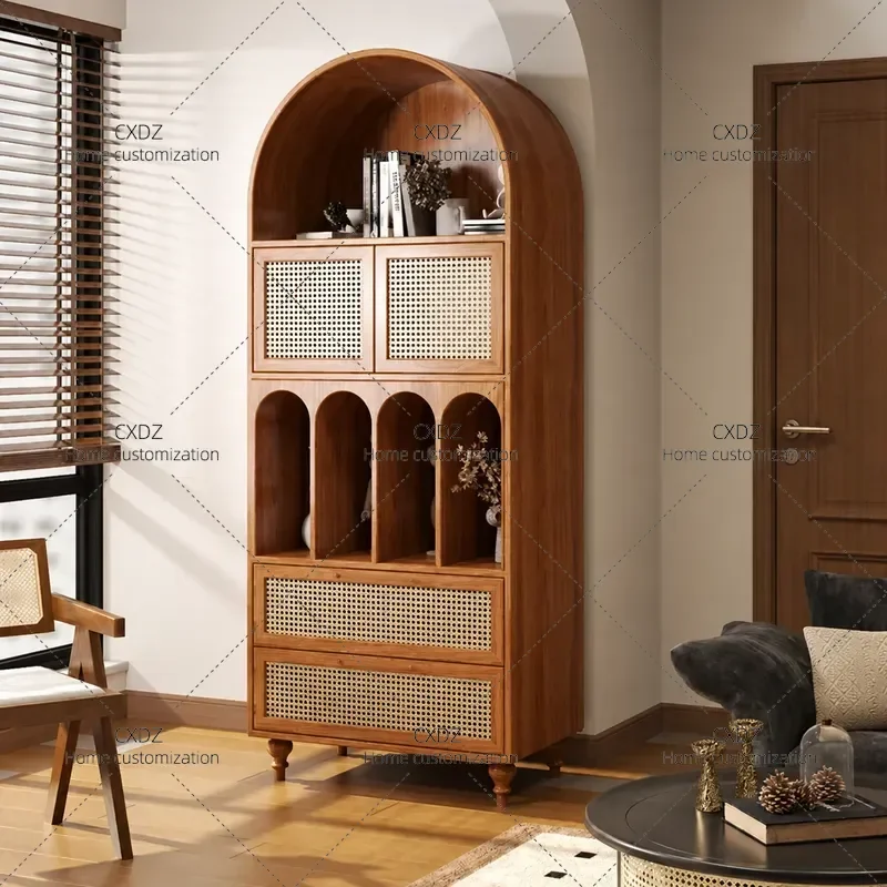 Medieval Solid Wood Bookcase with Rattan Door Panel Storage Cabinet for Living Room and Study Custom Frame Structure