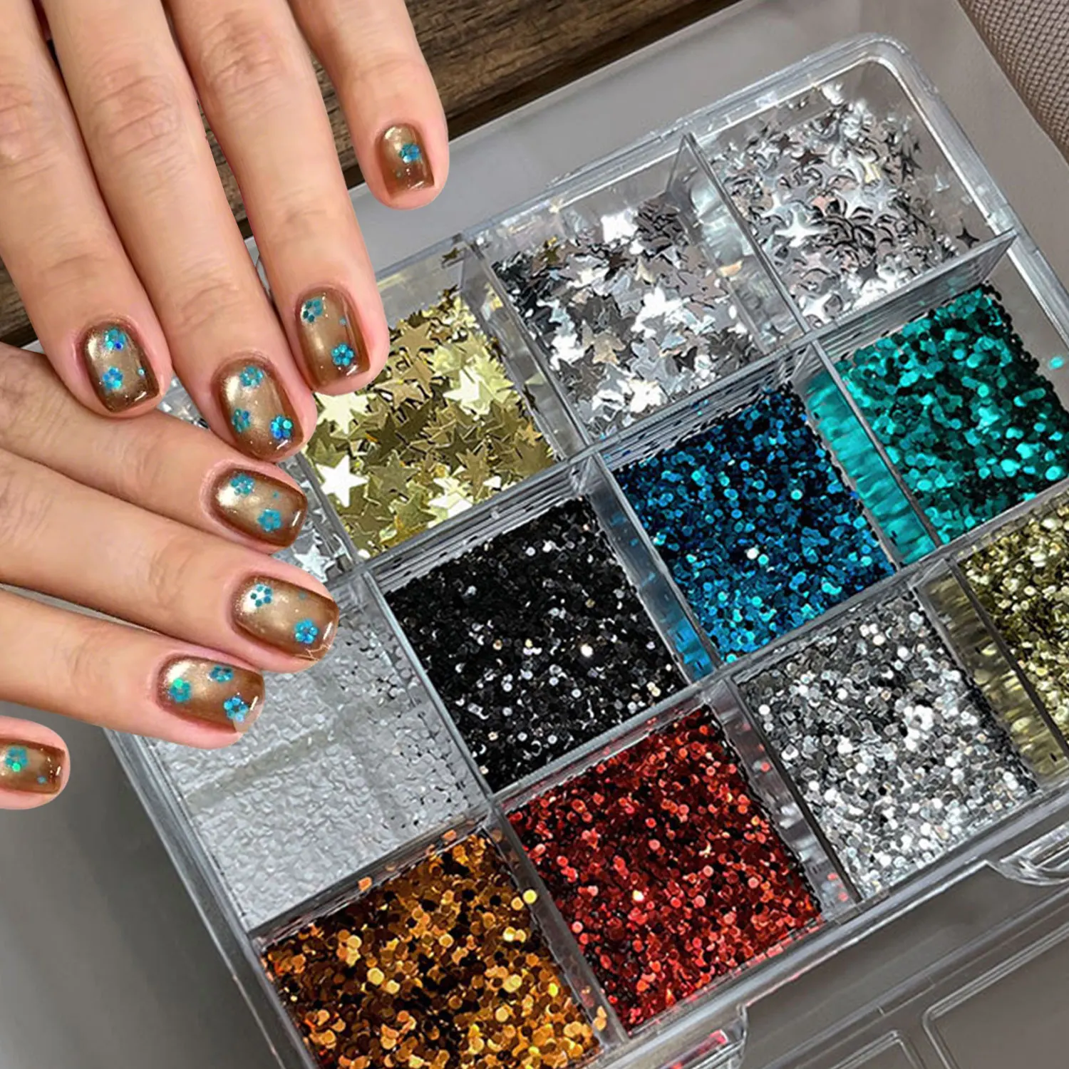 

12gris Shiny 1mm Tiny Dot Nail Glitter Flakes Blue/Silver/Gold/White /Black Round Dots/Star/Butterfly Nail Sequins Nail Decora