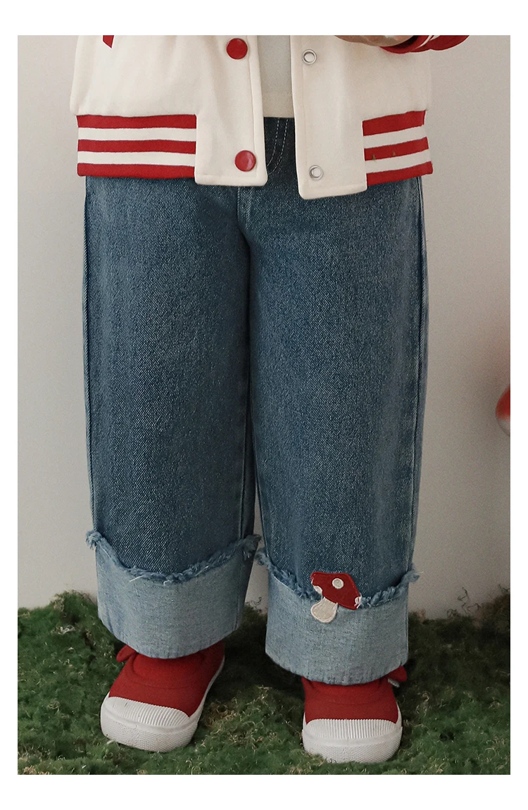 Girl's Polka Dot Mushroom Exquisite Embroidered Jeans Spring Children's Contrasting Color Straight Leg Pants