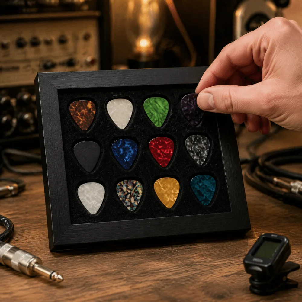 Expanded Polystyrene+Transparent PS Plastic+Velvet laminated EVA foam Guitar Pick Display Frame Music Memorabilia Frame