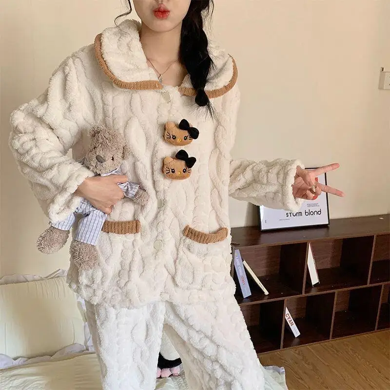 Sanrio hello kitty coral velo pijamas para mulheres bonito dos desenhos animados flanela grossa quente manga comprida casa terno conjunto outono inverno