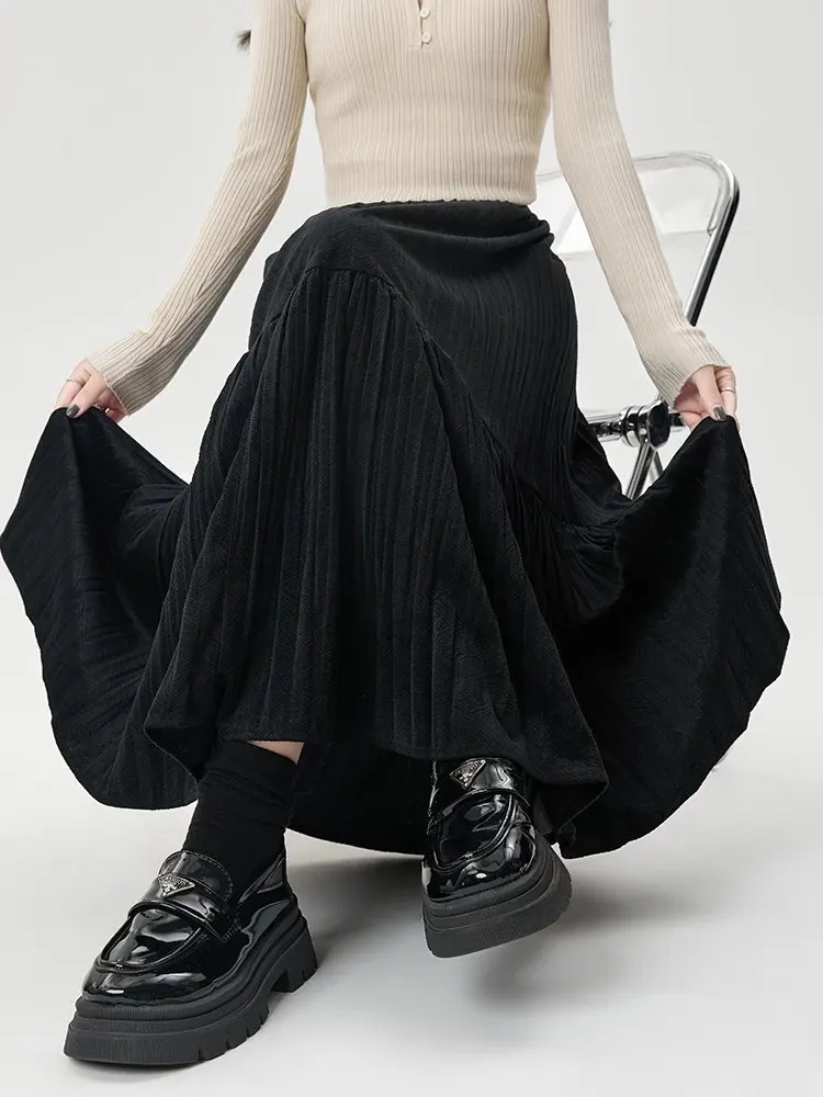 القهوة الخريف الشتاء طيات عادية القطيفة ميدي تنورة للنساء فضفاضة الخصر مكتب OL ألف خط المخملية التنانير الطويلة سيدة