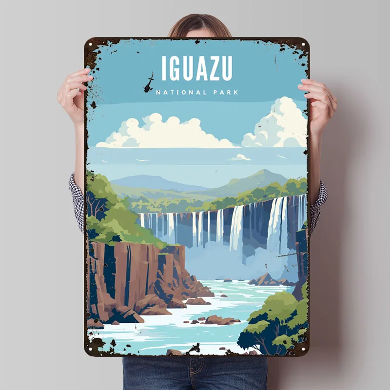 Póster de Metal del Parque Nacional Iguazu, decoración de dormitorio, decoración de habitación, carteles de estaño de Metal hechos a medida para decoración artística de pared del hogar