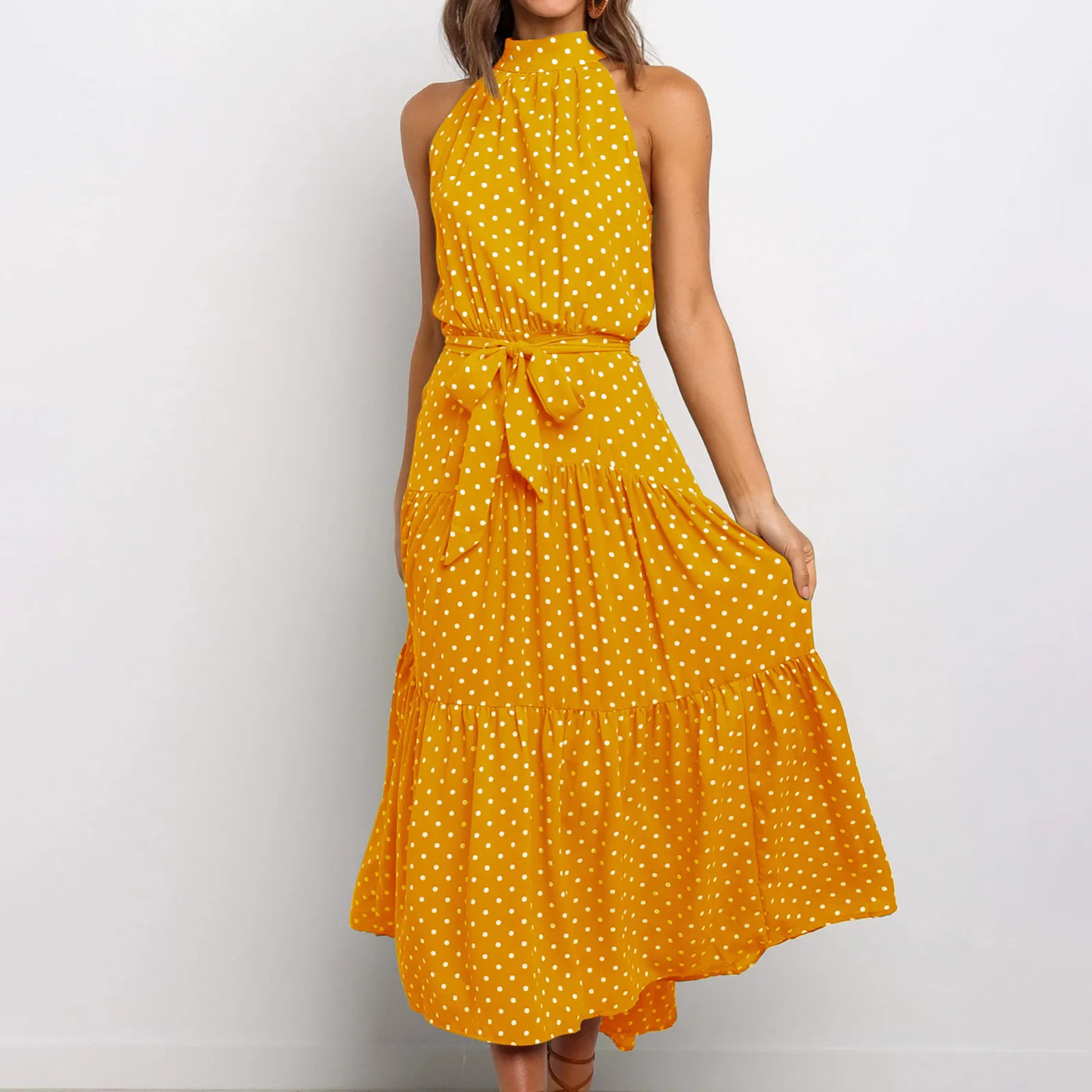 Summer Long Party Dresses Polka Dot Casual Dresses Sexy Halter Strapless New 2024 Yellow Sundress Vacation Clothes For Women