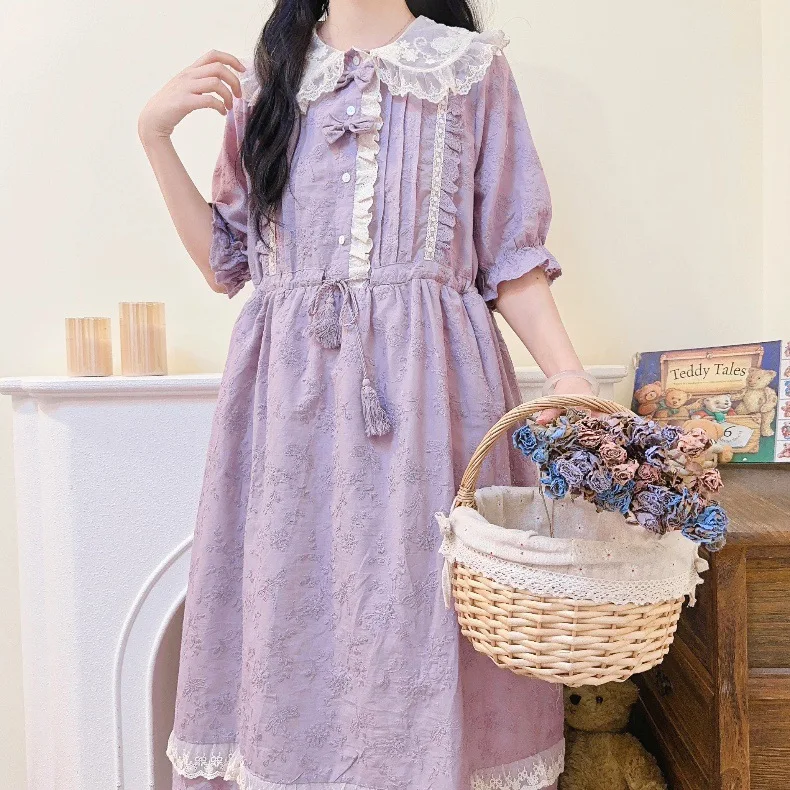 Vintage Lace Ruffled Embroidery Dress Women Summer Japan Style Mori Girl Peter Pan Collar Loose Cotton Linen Midi Dress Female