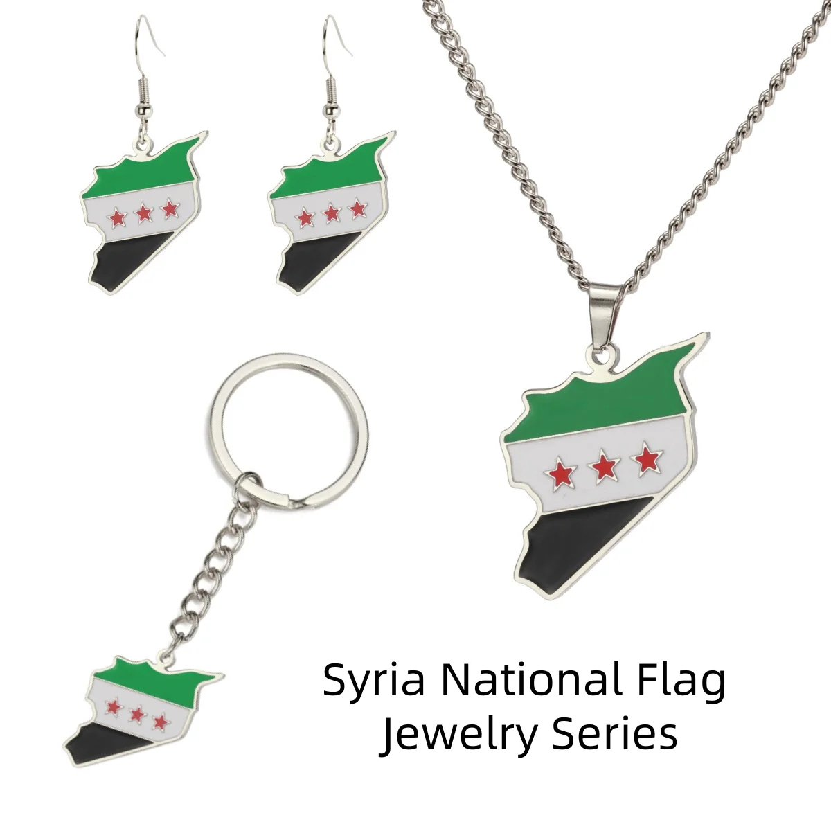 Jeshayuan Stainless Steel New Syria Map Flag Necklace For Women Men Middle East Regional Drip Oil Syria Map Pendant Keychain