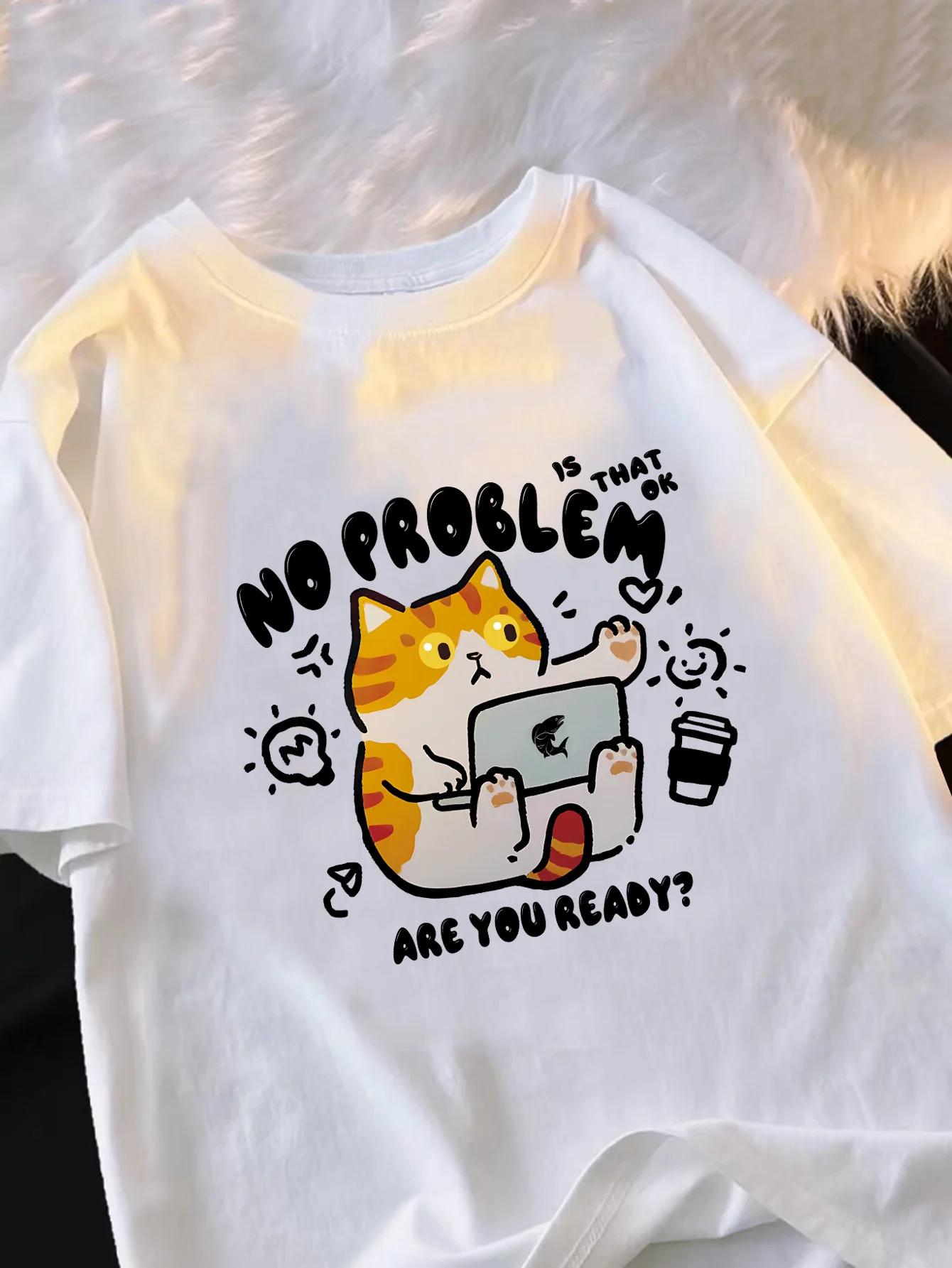 Cat Work Laptop Text Cotton T-shirt Men Women Soft Short Sleeve Unisex Casual Daily Kawaii Streetwear Tops
