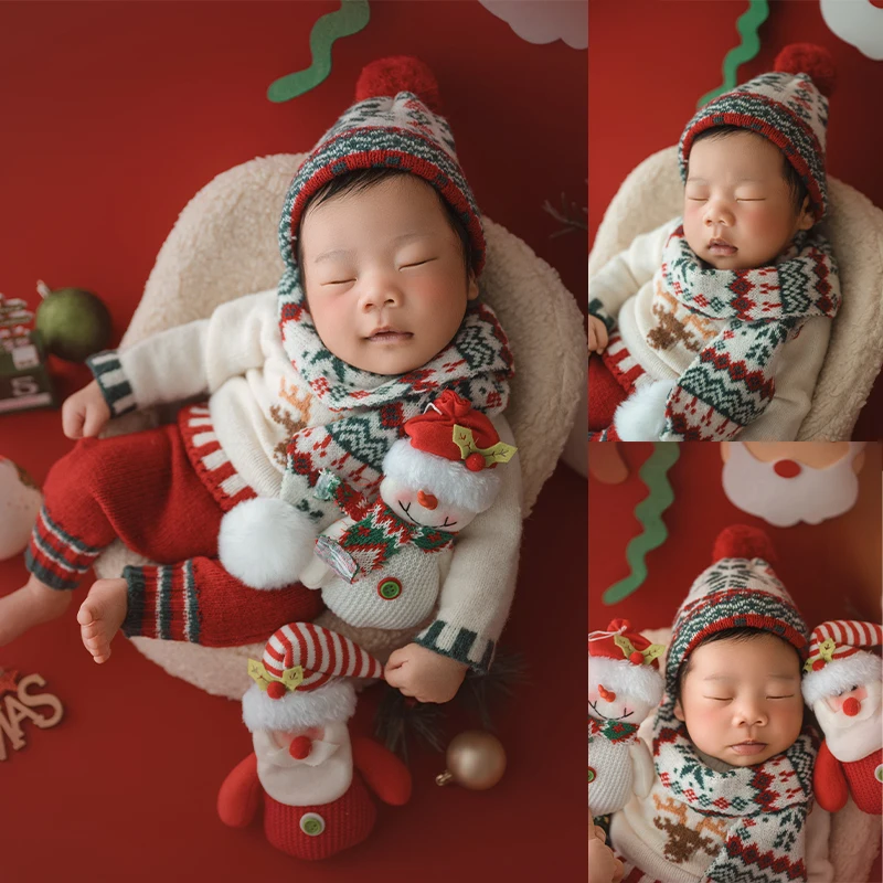 

Fair Isle Knitted Sweater & Baby Pom-pom Hat Christmas Newborn Photography Outfit with Scarf Warm Soft Baby Photoshoot Costumes