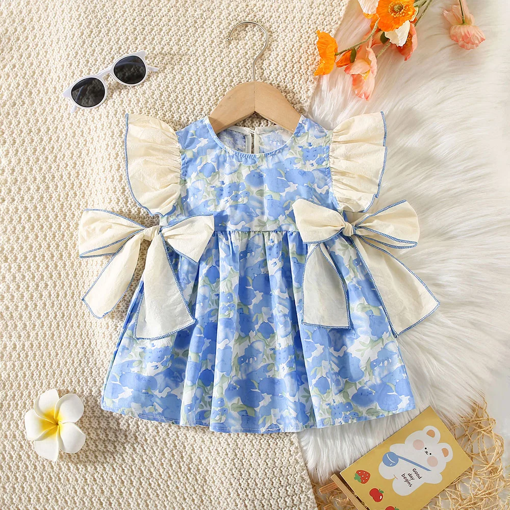 New Summer Dress For Baby Girls Flower Hand-Painted Wind Small Flying Sleeve Bow Pleated Round Neck Elegant Sweet Princess Dress