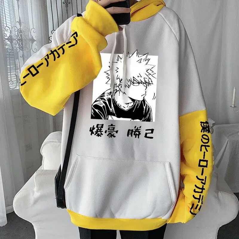 Harajuku Anime My Hero Academia Casual Fleece Hoodies Manga Bakugou Katsuki Women Oversized Patchwork Long Sleeves Sweatshirts