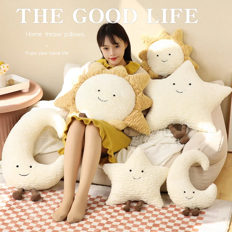 Smile Face White Moon Yellow Sun Star Plushie Stuffed Cartoon Weather Sky Plush Cushion for Kids Bedroom Decor Sofa Throw Pillow