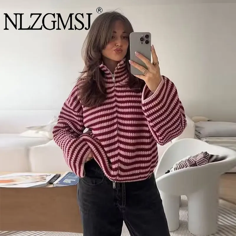 NLZGMSJ Women Cardigan Jacket 2026 Spring Knitted Long Sleeve Half High Neck Slim Zipper Sweater Coat Female Top