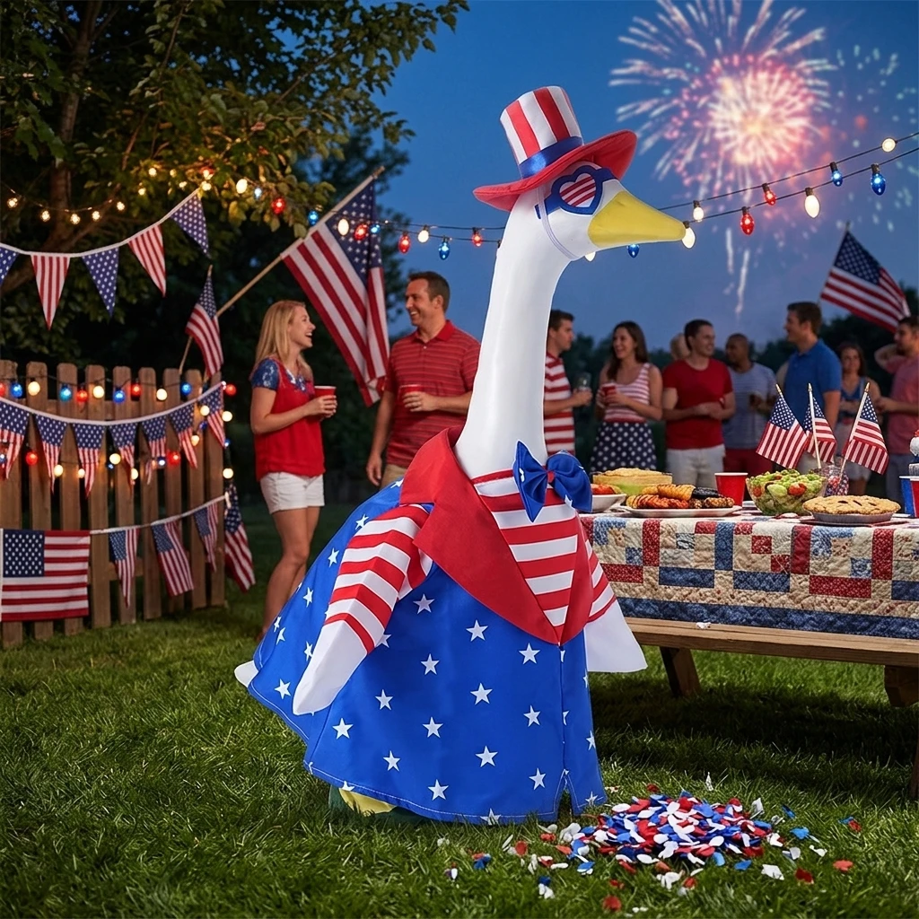 Porch Goose Outfits for 23 Inch Lawn Statue 4th of July Patriotic Independence Memorial Day Goose Cloth For US Anniversary Decor
