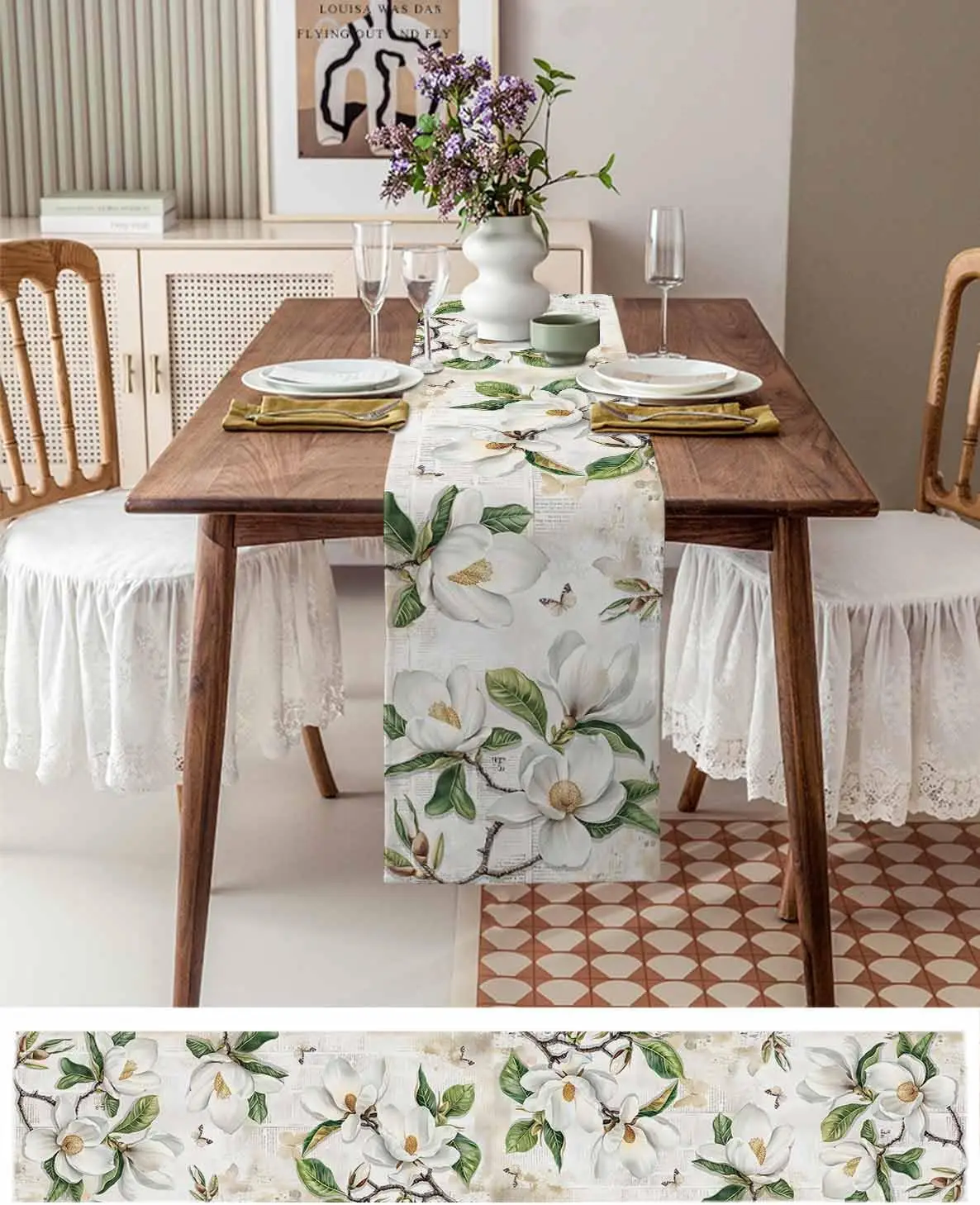 Retro Magnolia Flowers Linen Table Runner Wedding Party Decor Butterfly Floral Leaves Table Runners Dresser Scarf Table Decor