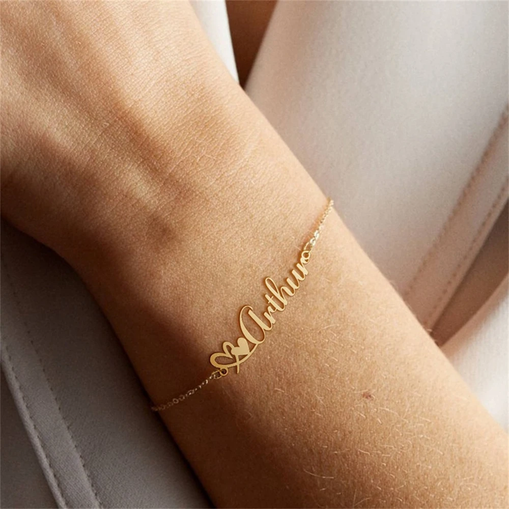 

Personalized Name Bracelet Stainless Steel Charms Handmade Gold Chain Custom Handwriting Heart Bangle Gift For Women