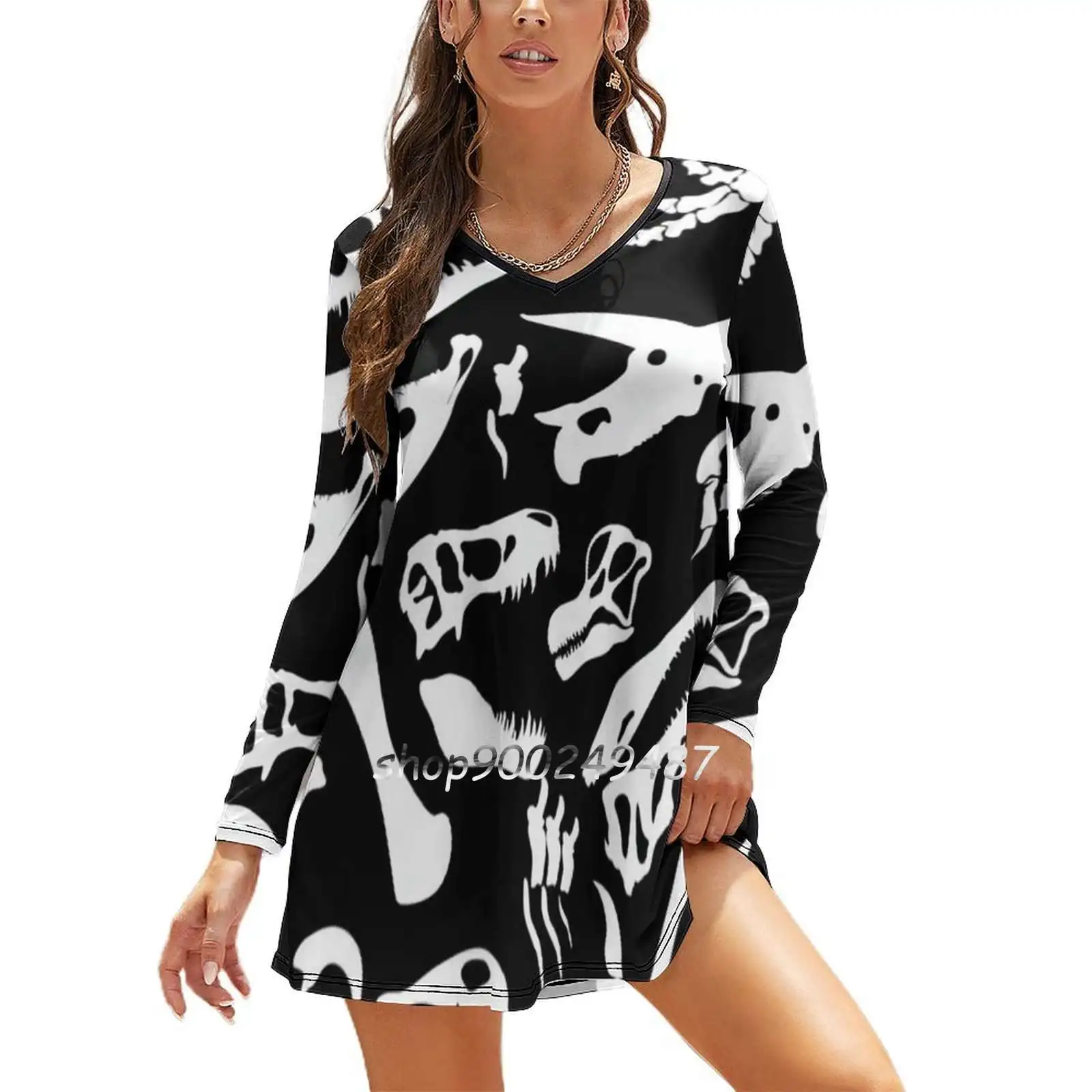 Dinosaur Bones ( Black And White ) Elegant Party Women Dress Slim V Neck Long Sleeve Dress Casual Dresses Dinosaurs Bones